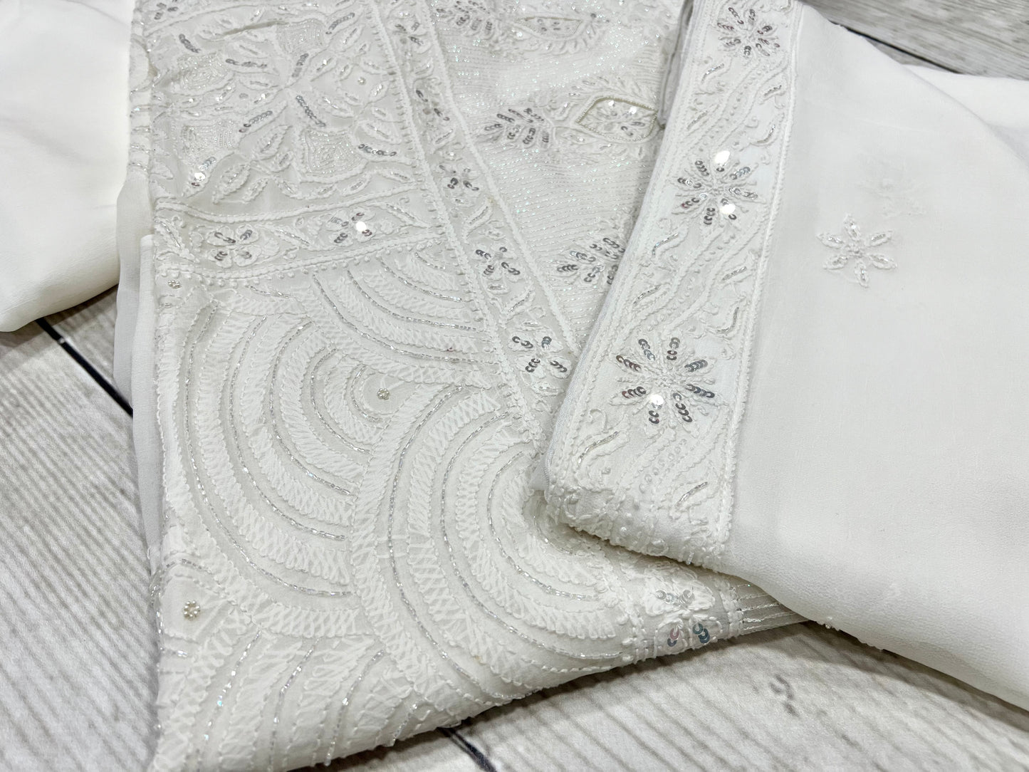 White Crepe Phulkari Unstitched Suit