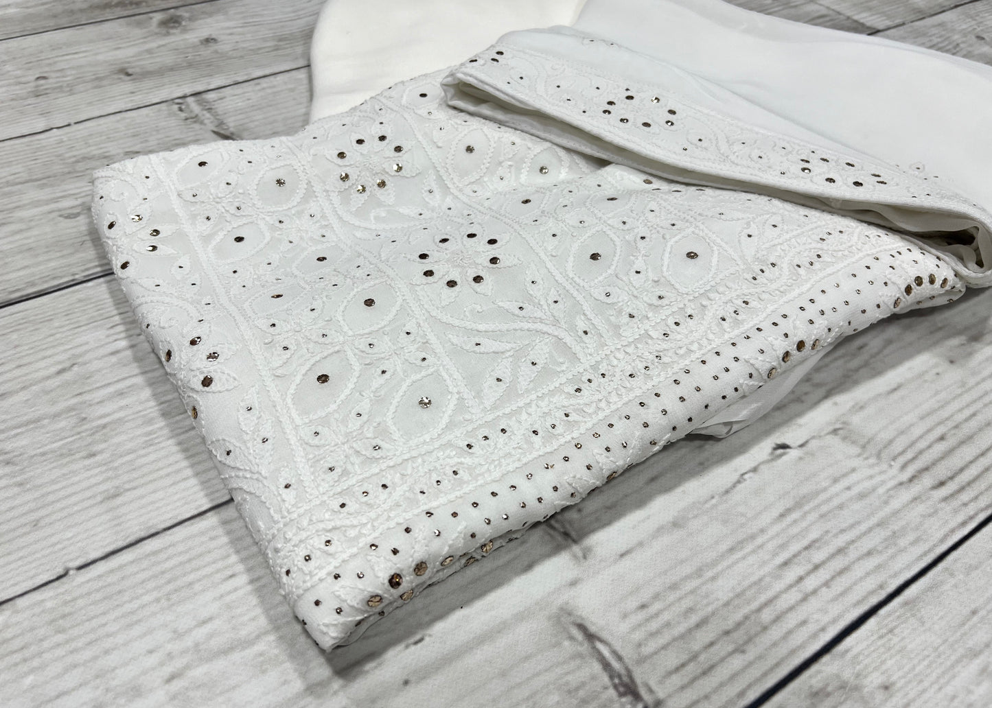 White Crepe Phulkari Unstitched Suit