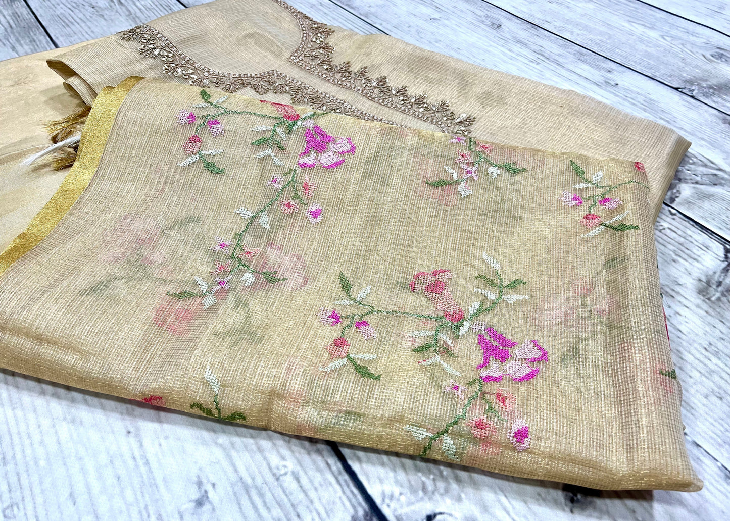 Beige/Gold Embroidery Unstitched Suit