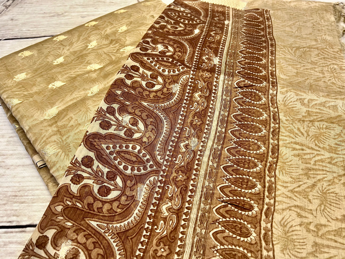 Cotton Silk Beige Printed Unstitched Suit