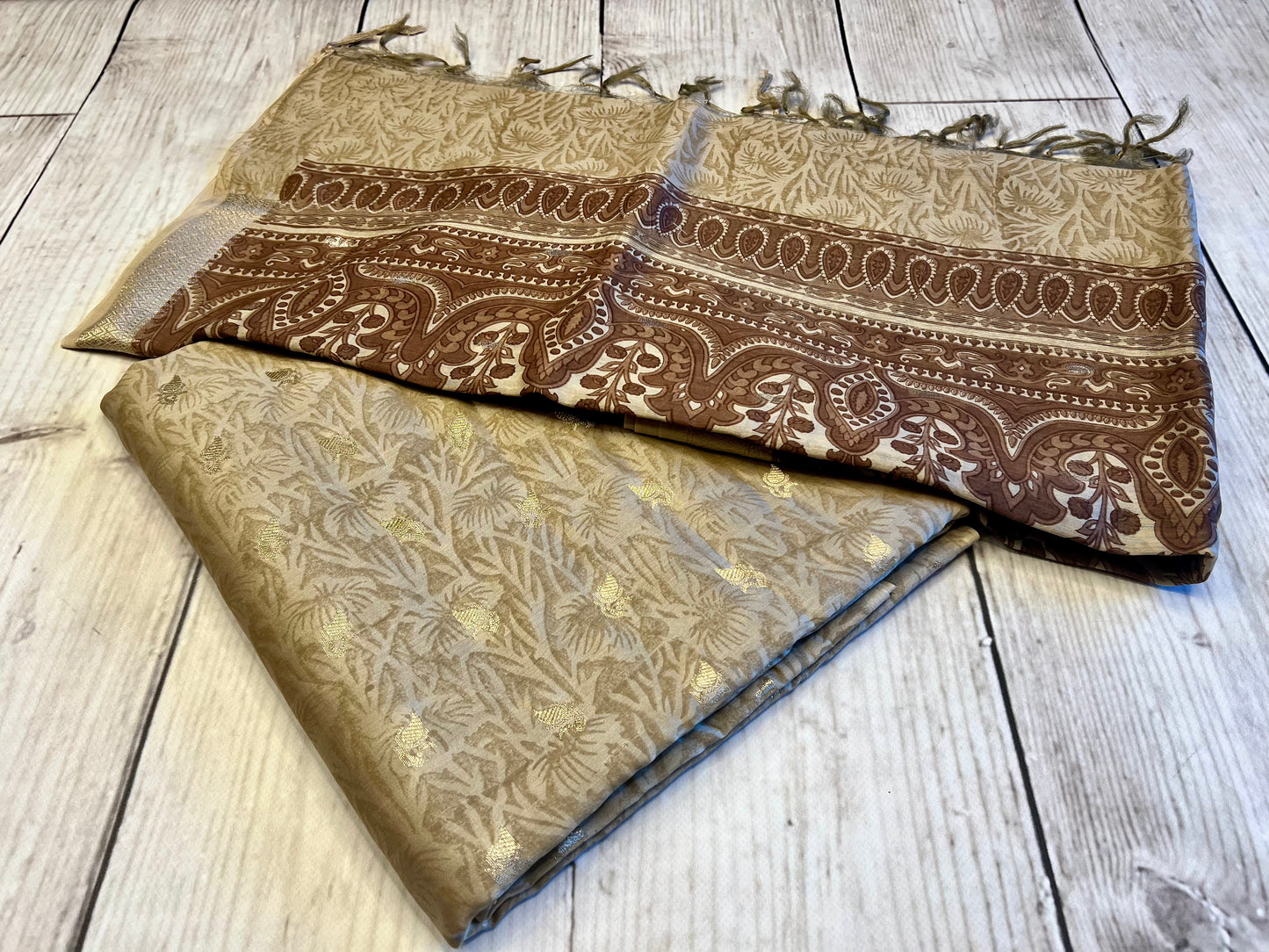 Cotton Silk Beige Printed Unstitched Suit