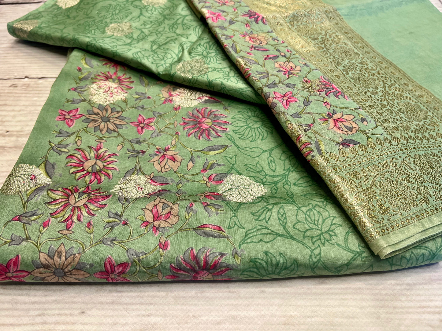 Cotton Silk Green Printed Unstitched Suit