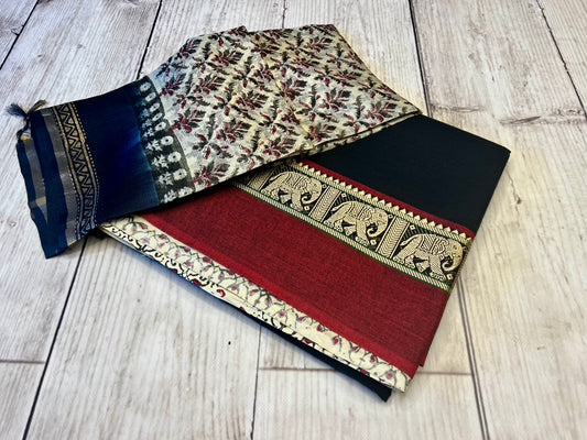 Cotton Black/ Red Block Print Unstitched Suit