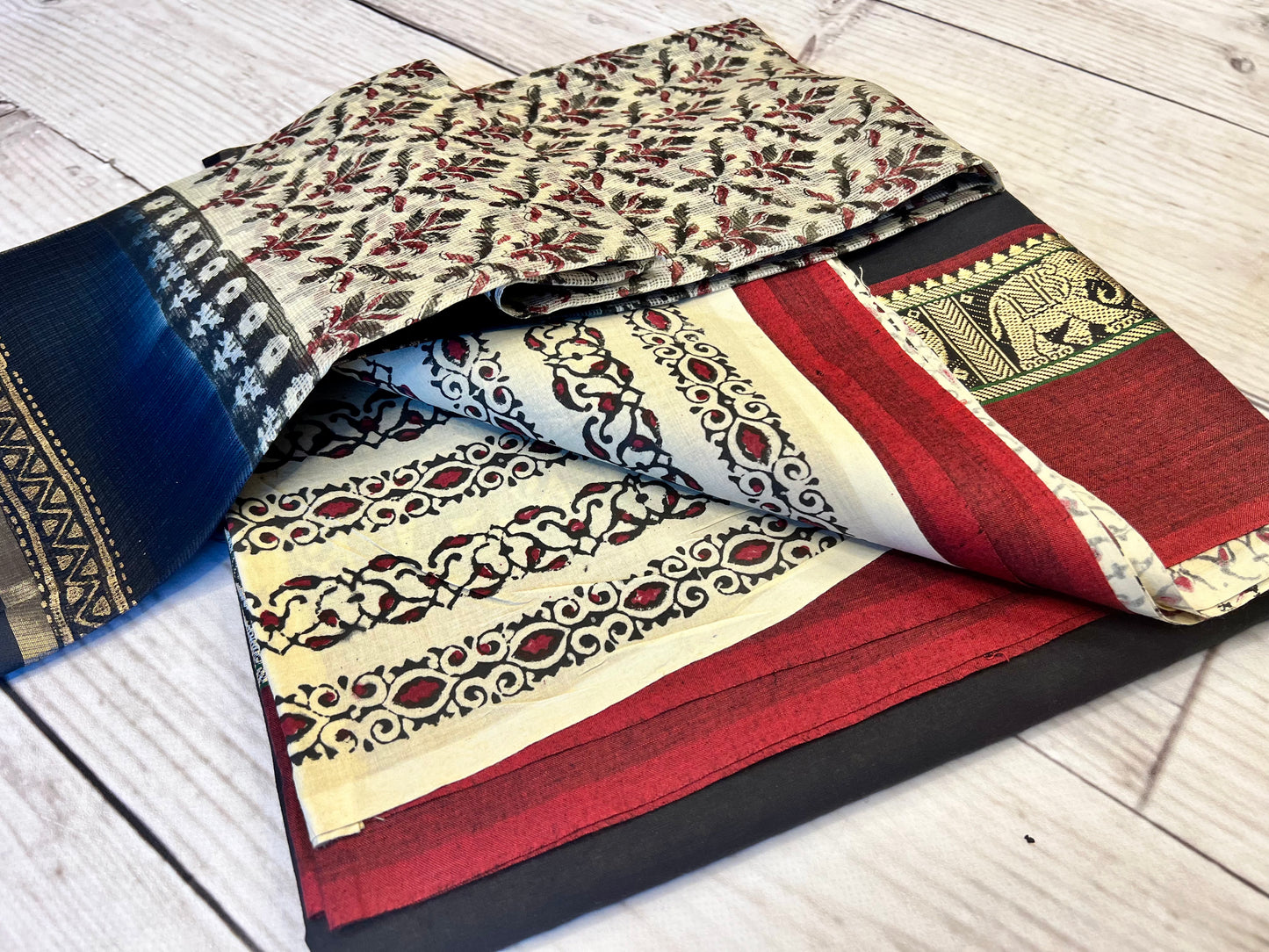 Cotton Black/ Red Block Print Unstitched Suit
