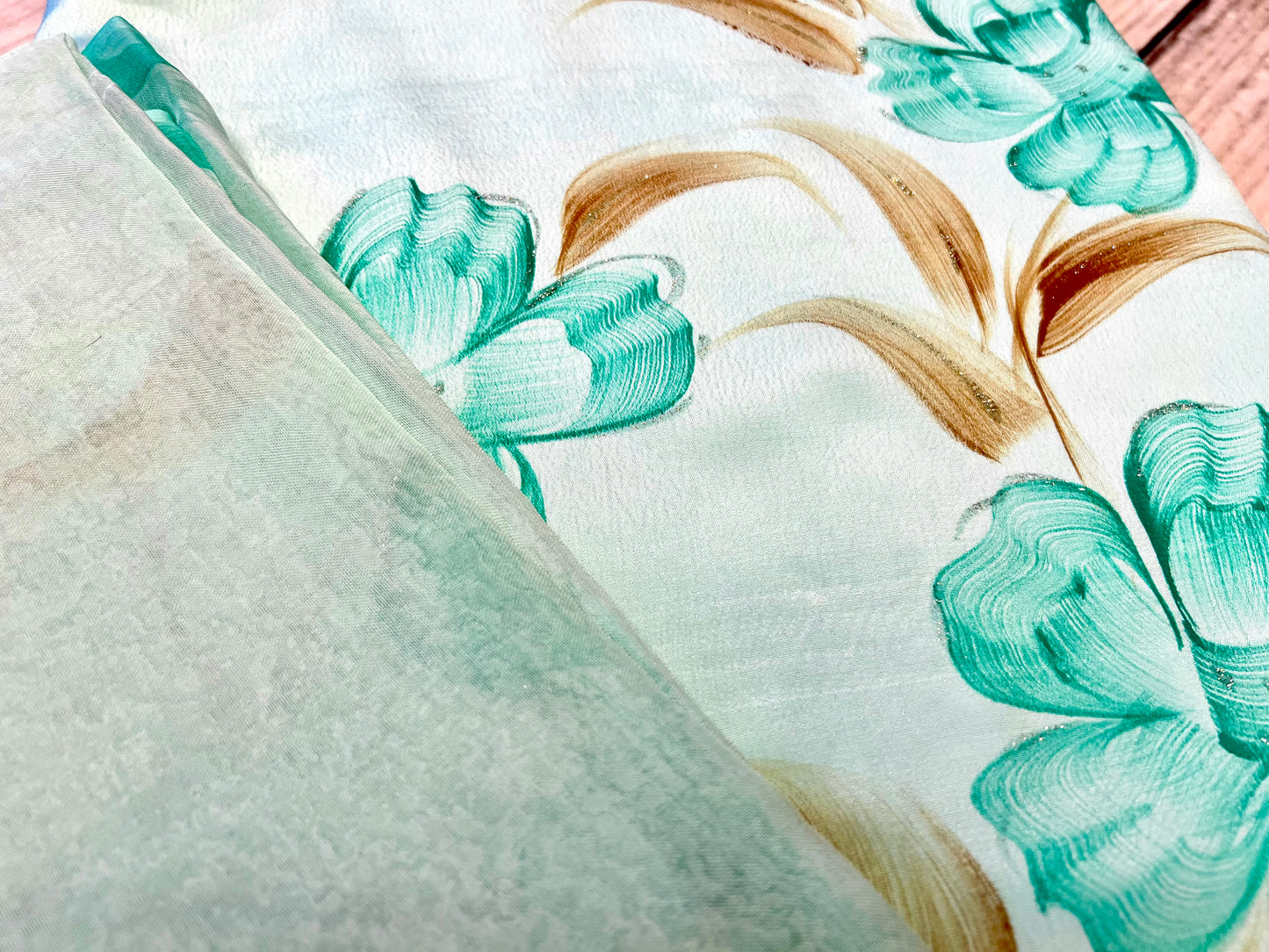 Crepe LIght Green Flower Hand Painted Unstitched Suit