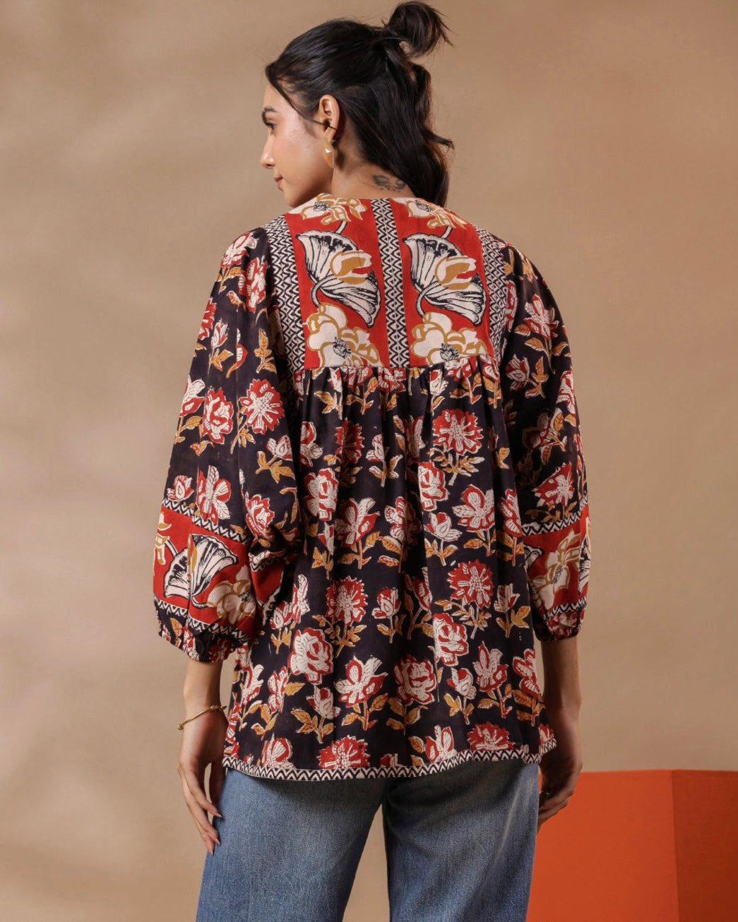 Cotton Black Flower Block Print Kurti