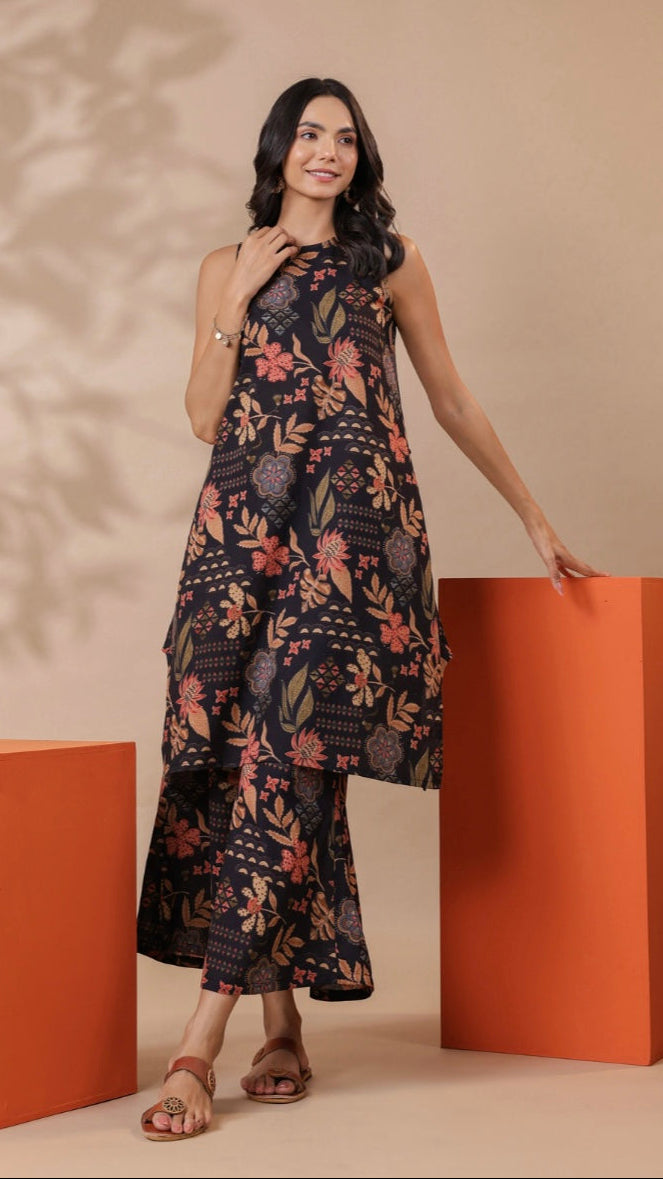 Cotton Black Printed Kurta Set