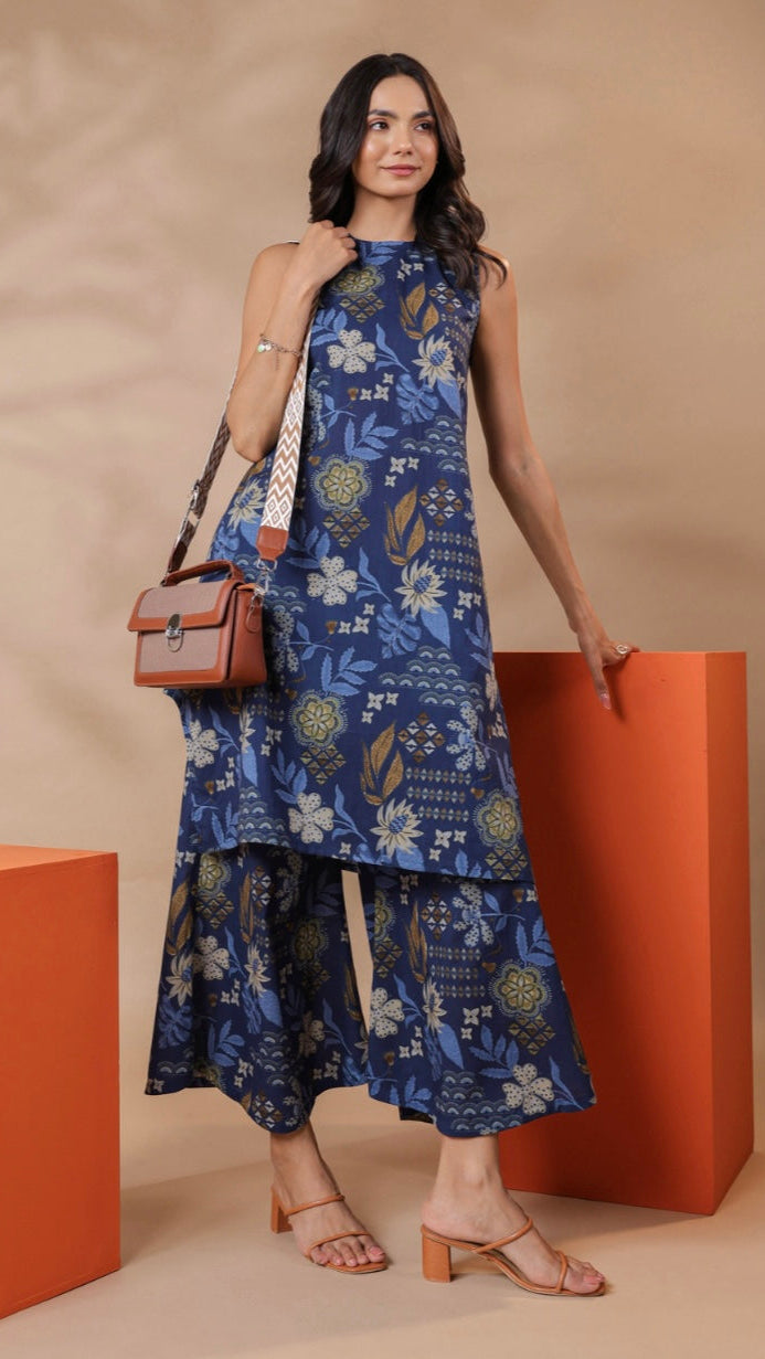 Cotton Blue Printed Kurta Set