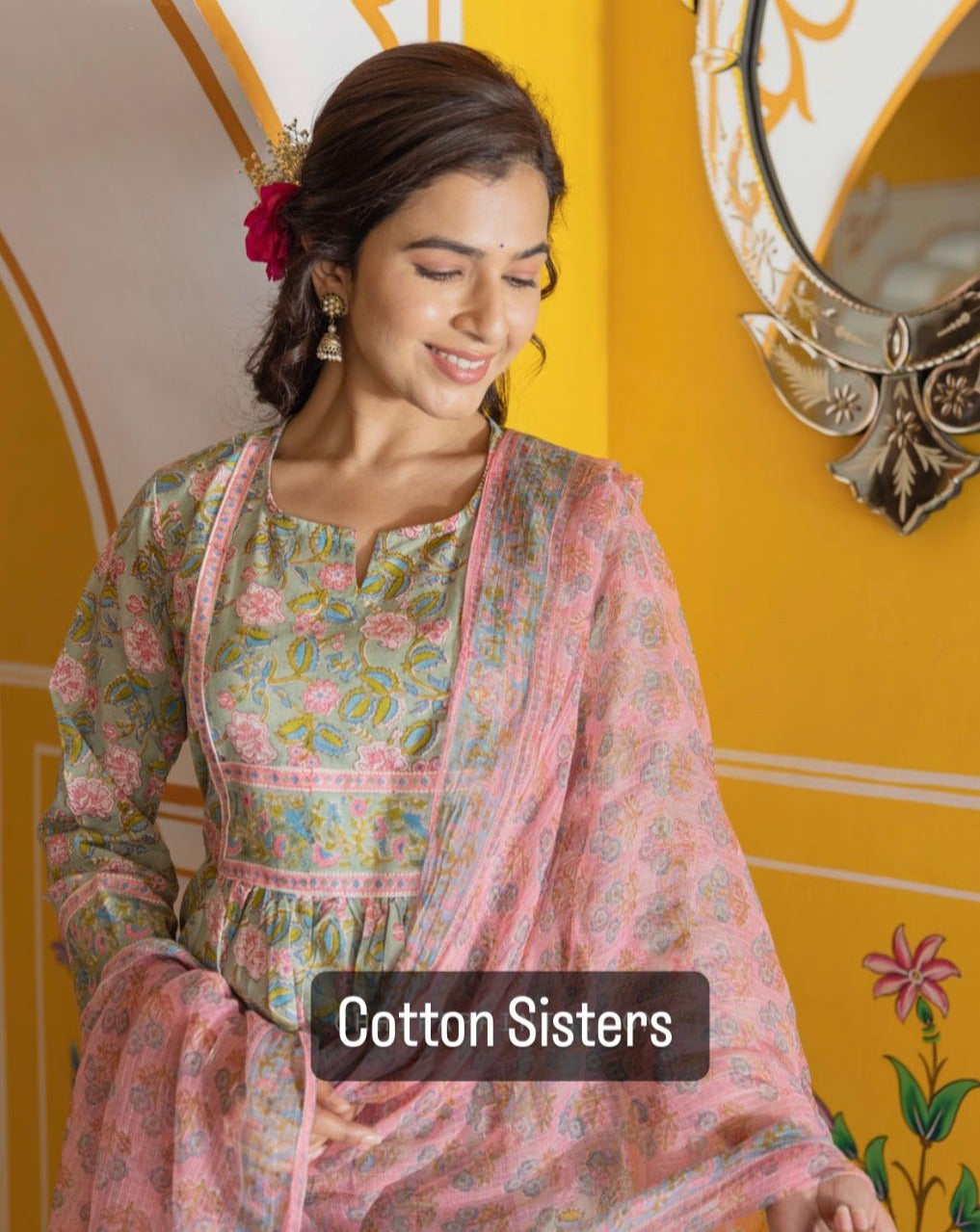 Cotton Green/ Pink Block Print Frock Suit