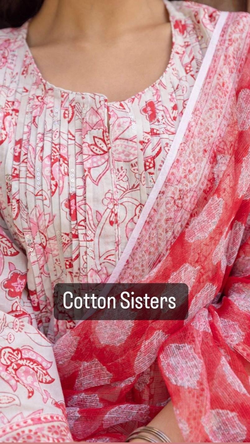 Cotton White/Red Flower Block Print Suit
