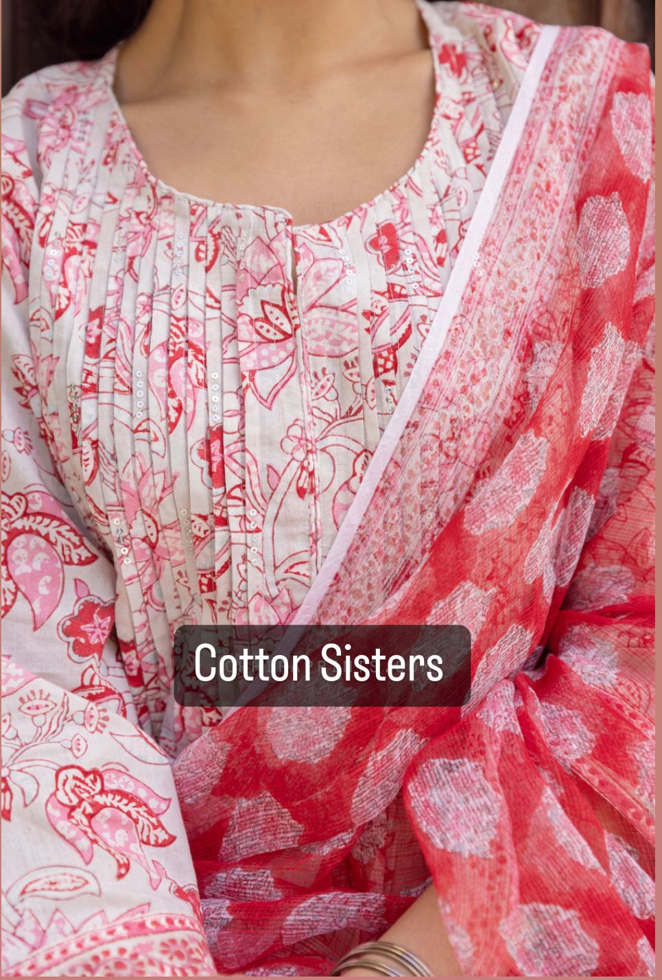 Cotton White/ Red Block Print Frock Suit