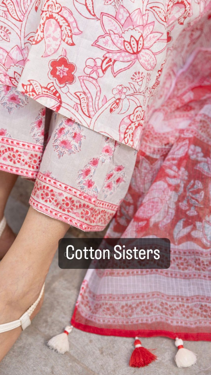 Cotton White/Red Flower Block Print Suit