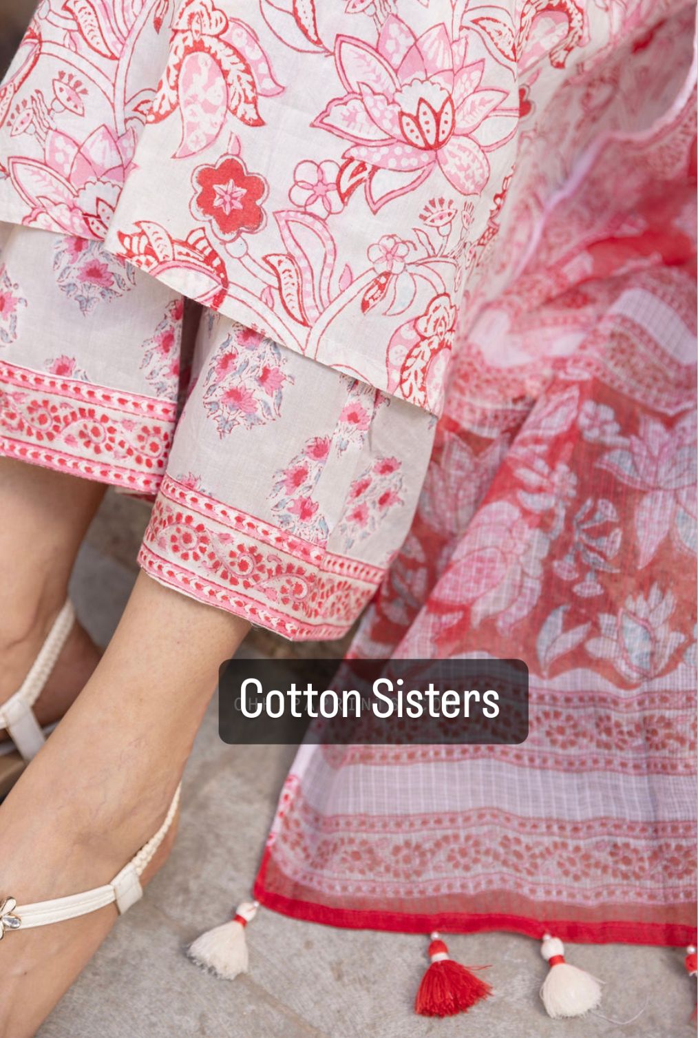 Cotton White/ Red Block Print Frock Suit