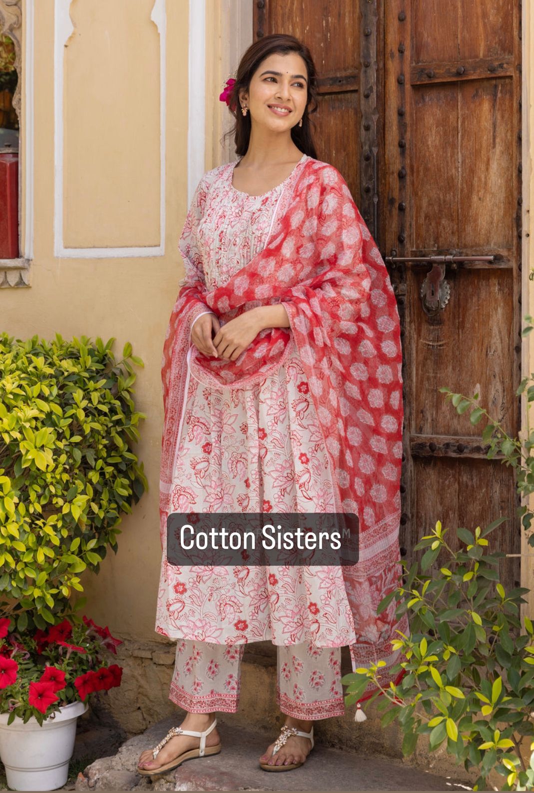 Cotton White/ Red Block Print Frock Suit