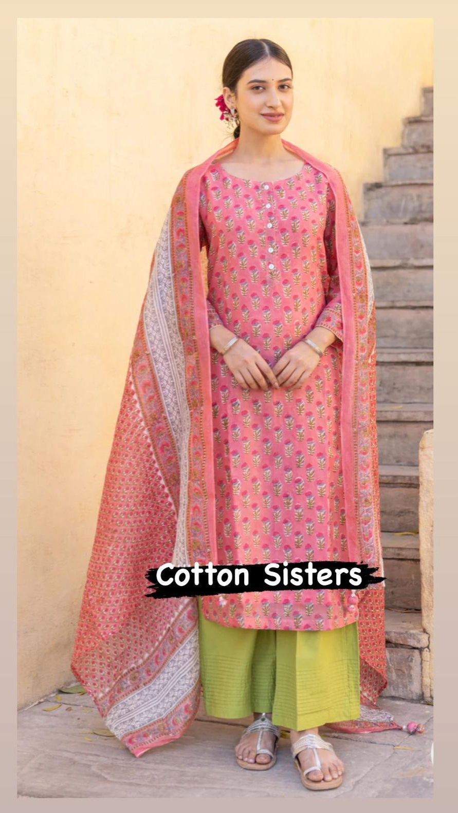 Cotton Pink/ GreenBlock Print Suit
