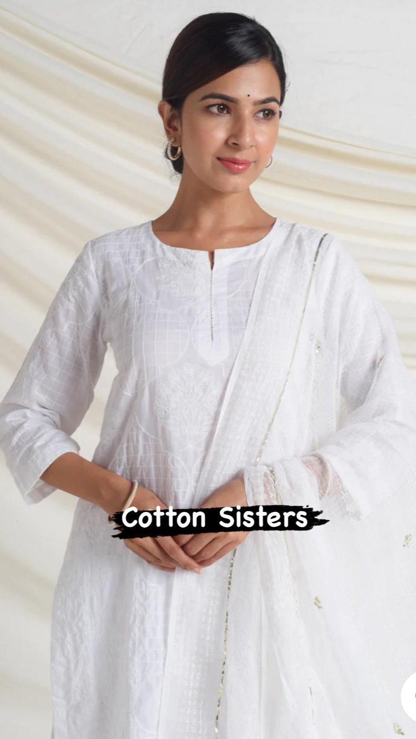 Cotton White Embroidery Suit