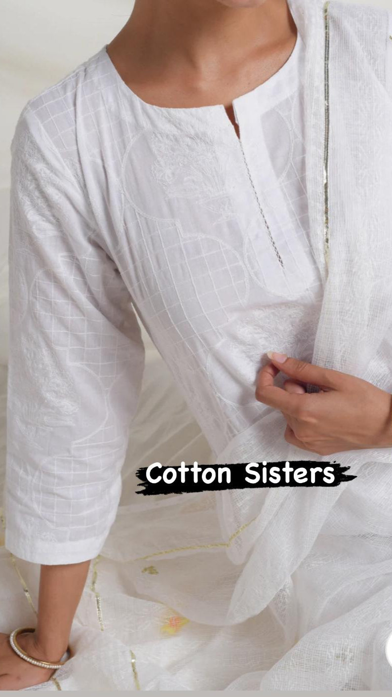 Cotton White Embroidery Suit