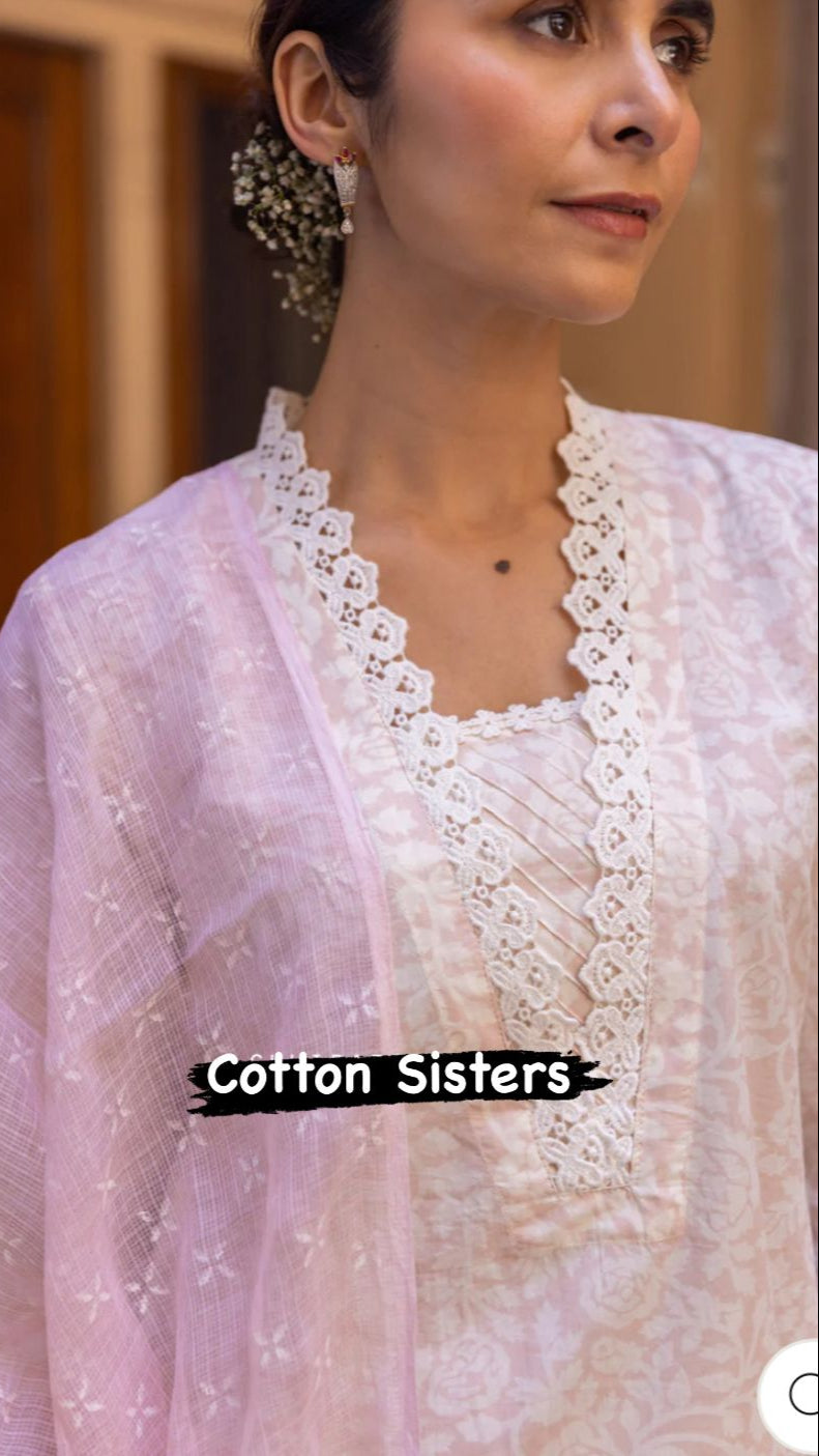 Cotton Cream/ Pink Block Print Suit