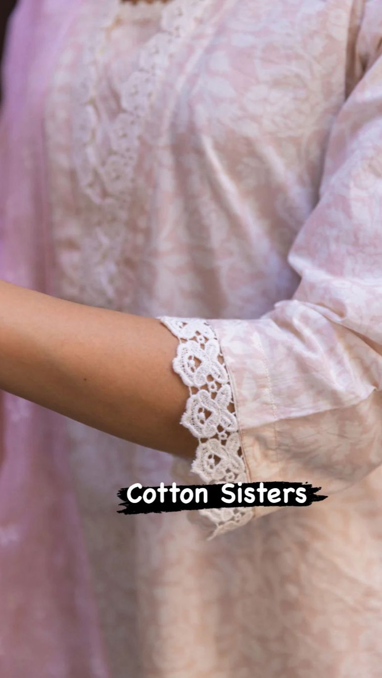 Cotton Cream/ Pink Block Print Suit