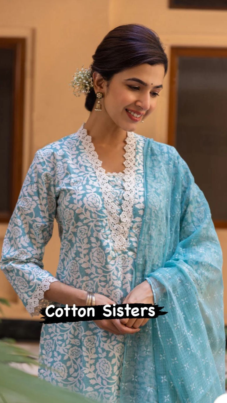 Cotton Sea Green/ Cream Block Print Suit