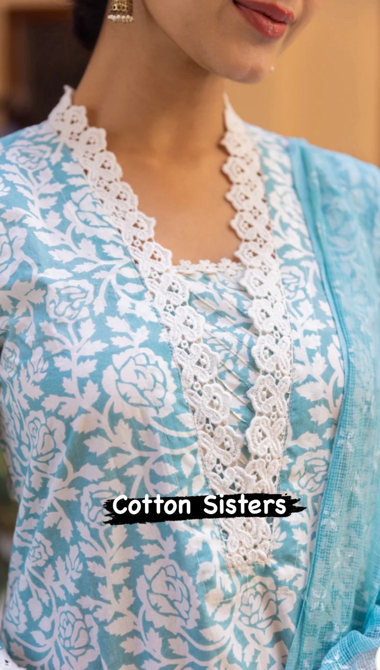 Cotton Sea Green/ Cream Block Print Suit