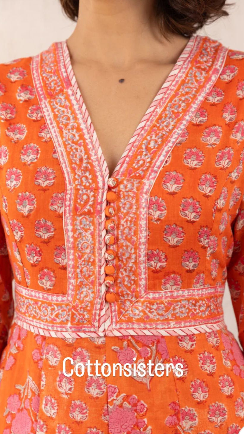 Cotton Long Orange Block Print Dress