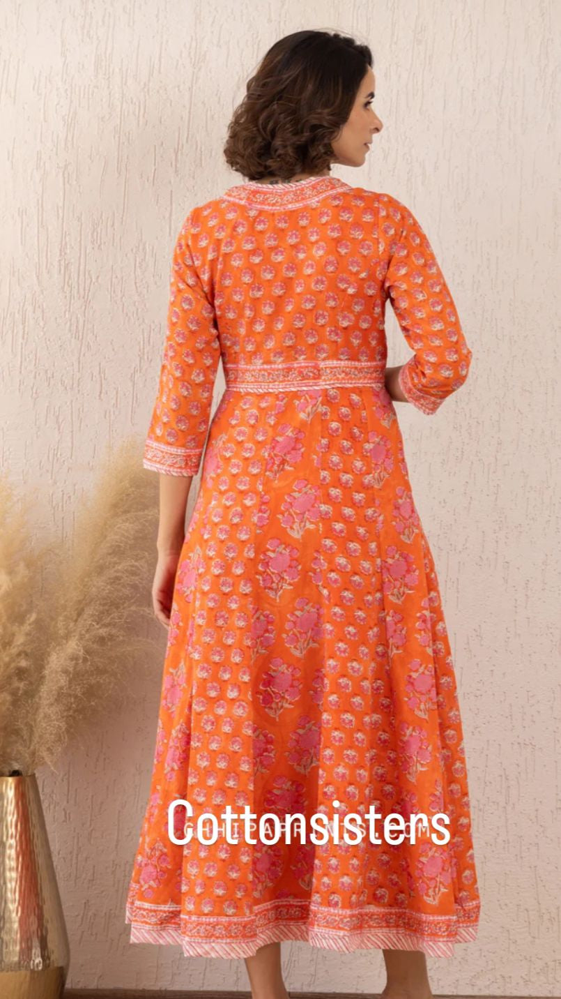 Cotton Long Orange Block Print Dress
