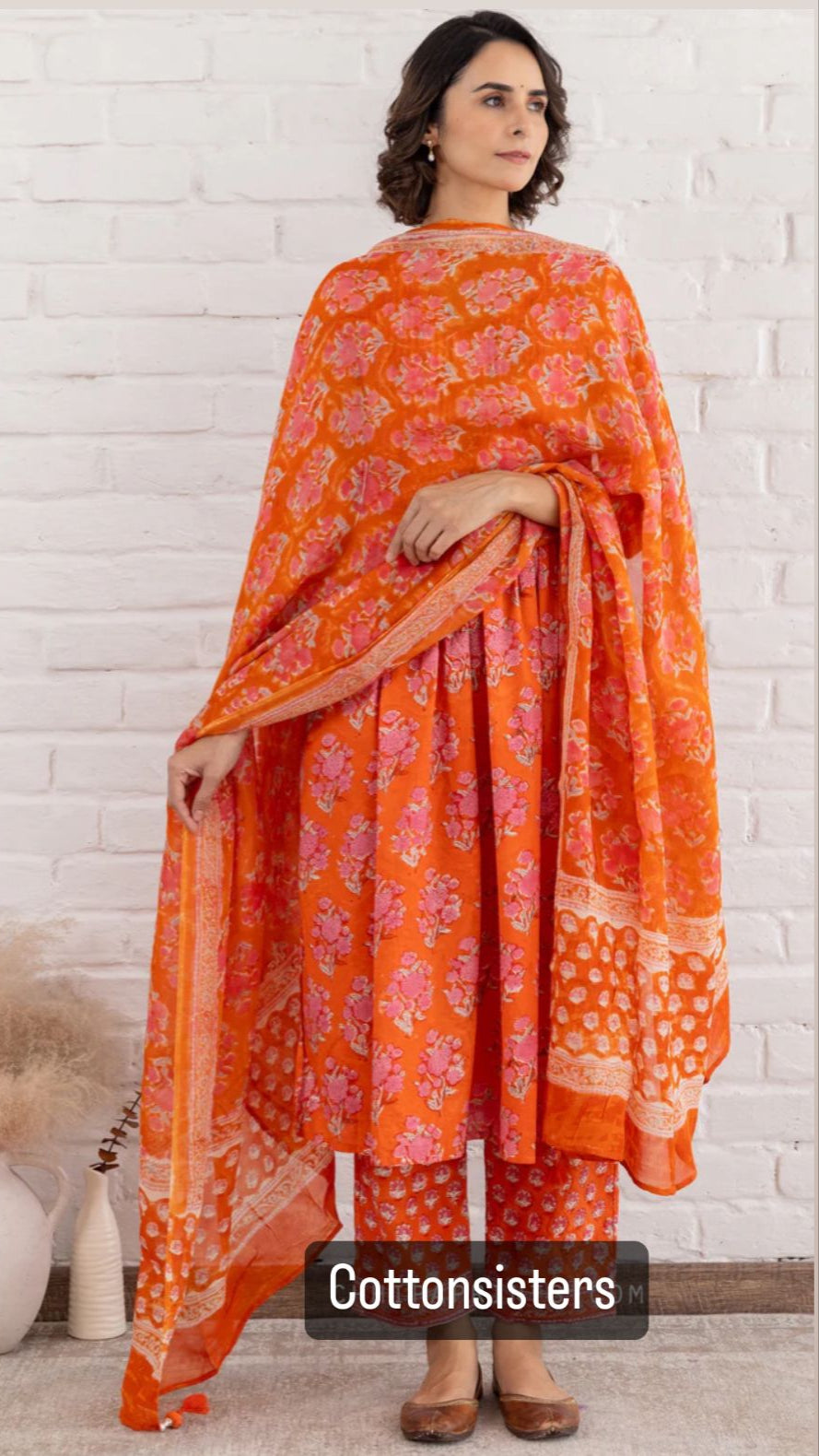 Cotton Orange Block Print Frock Suit