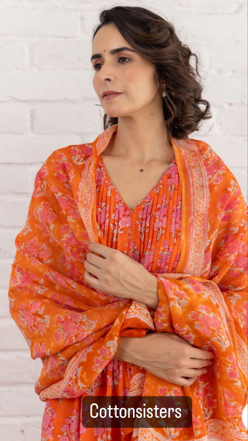 Cotton Orange Block Print Frock Suit