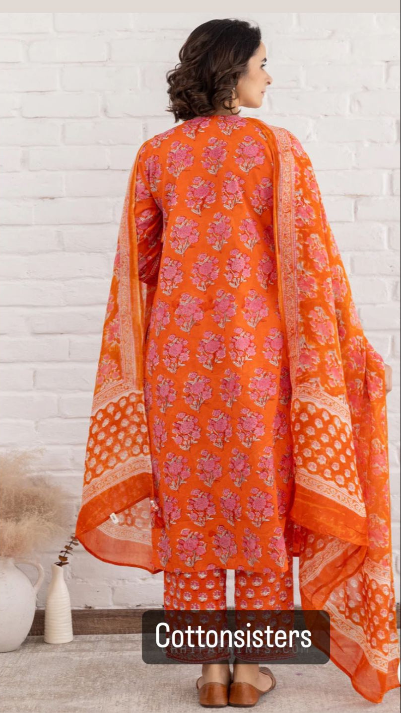 Cotton Orange Block Print Frock Suit