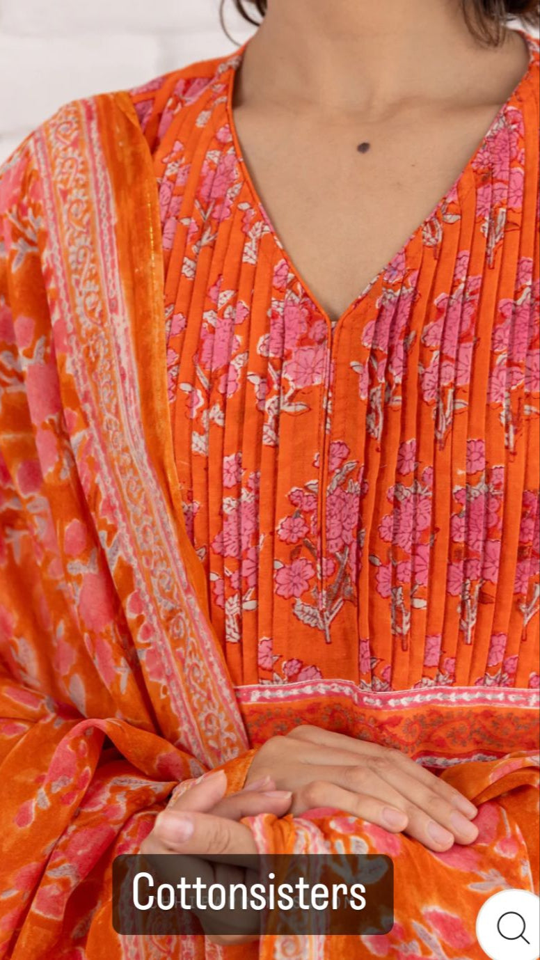 Cotton Orange Block Print Frock Suit