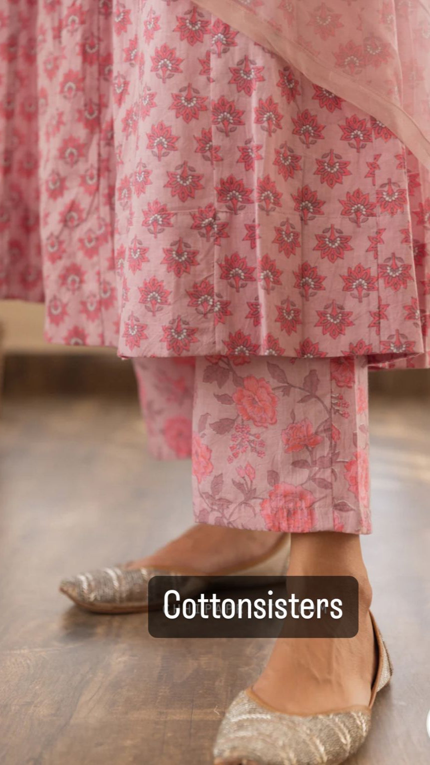 Cotton Pink Block Print Frock Suit