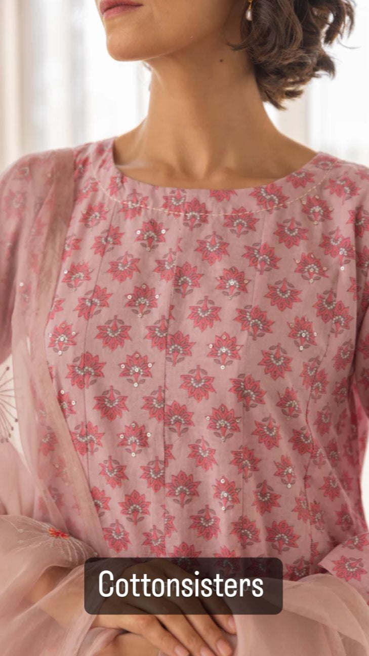 Cotton Pink Block Print Frock Suit