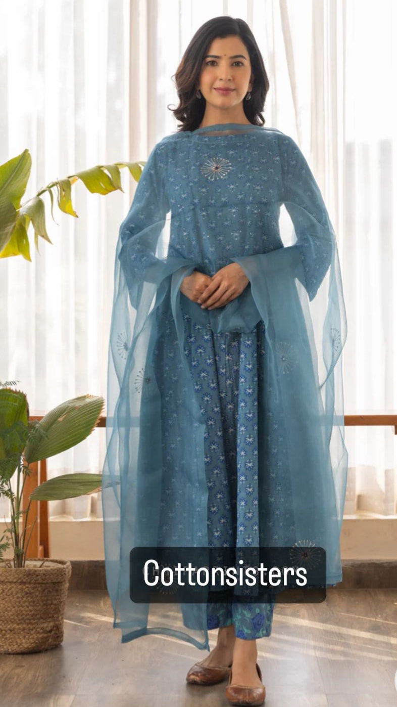 Cotton Blue Block Print Frock Suit