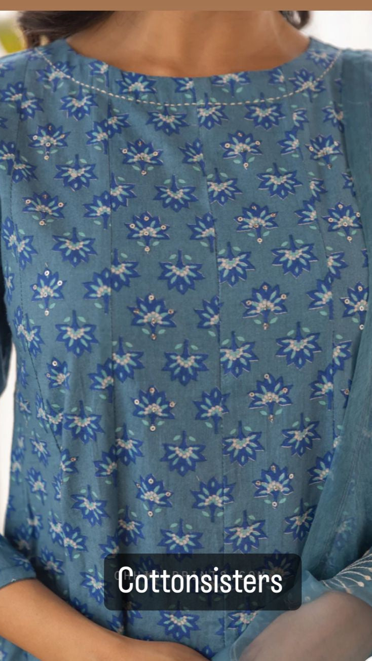 Cotton Blue Block Print Frock Suit