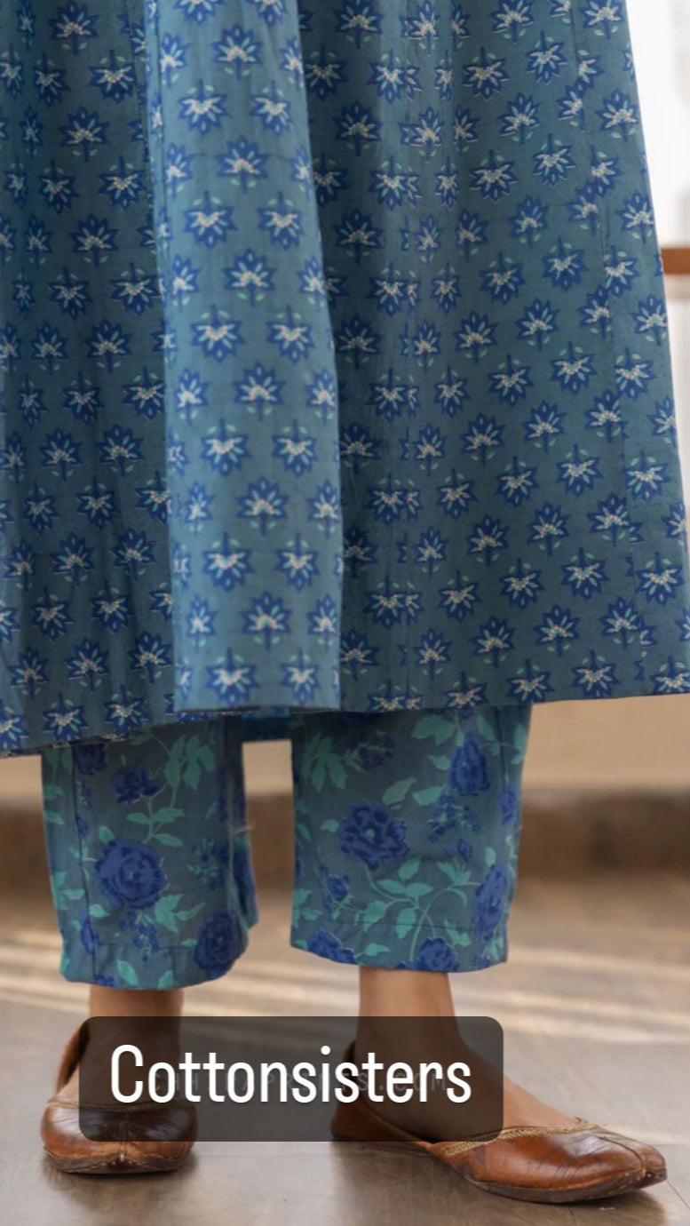 Cotton Blue Block Print Frock Suit