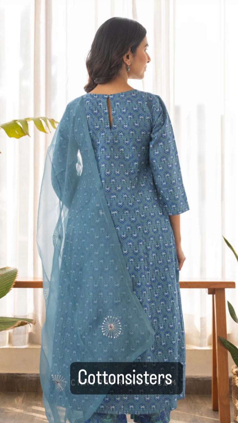 Cotton Blue Block Print Frock Suit