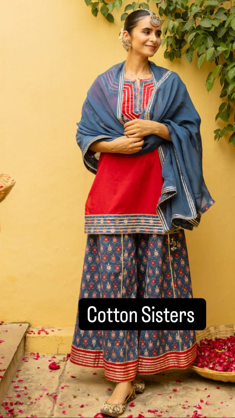 Cotton Red/ Blue Gota Buti Print Sharara Set