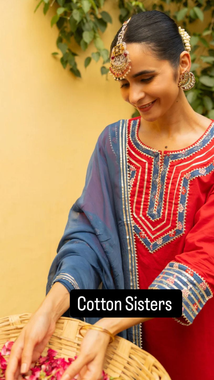 Cotton Red/ Blue Gota Buti Print Sharara Set