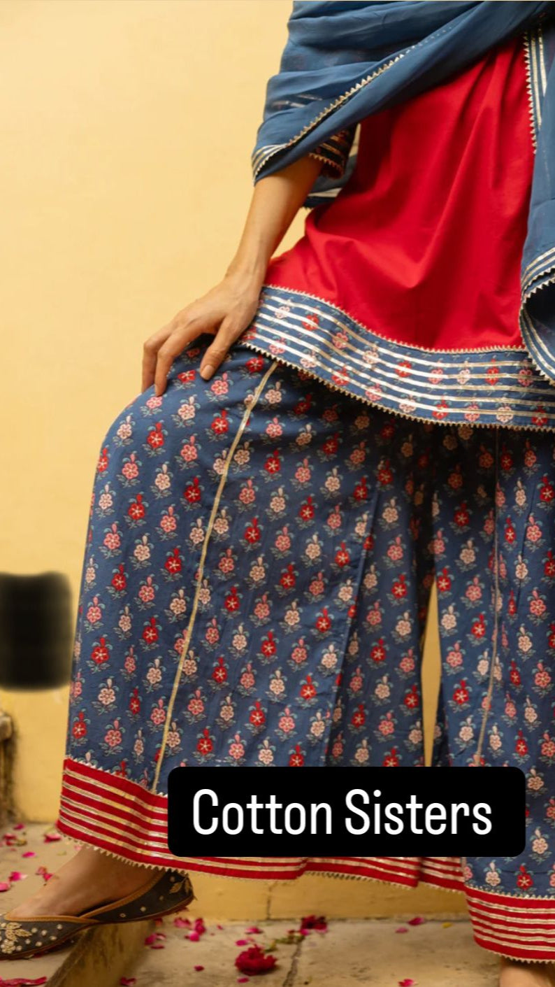 Cotton Red/ Blue Gota Buti Print Sharara Set