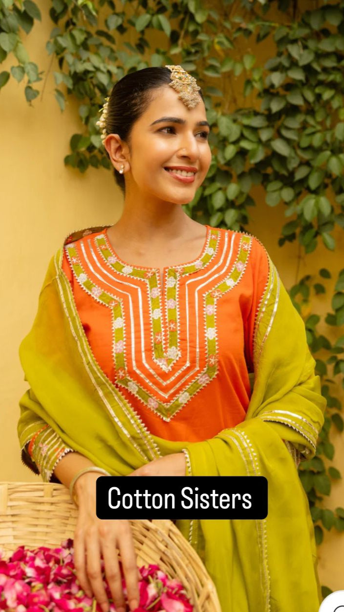 Cotton Orange Gota Buti Print Sharara Set