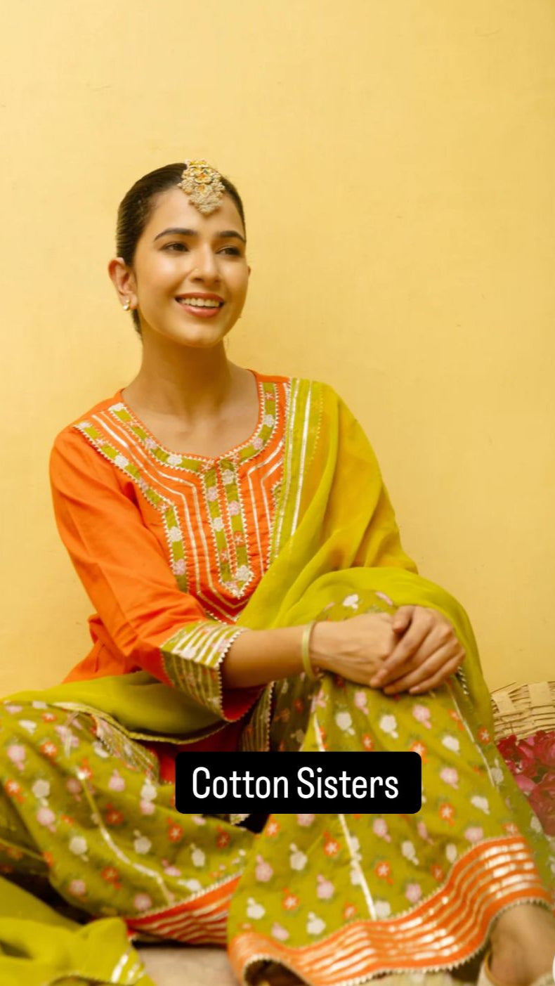 Cotton Orange Gota Buti Print Sharara Set