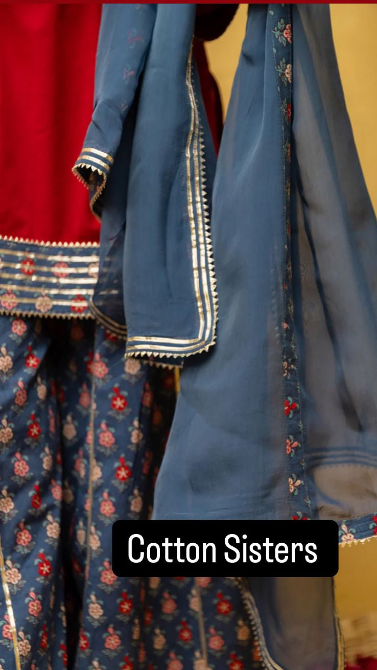 Cotton Red/ Blue Gota Buti Print Sharara Set