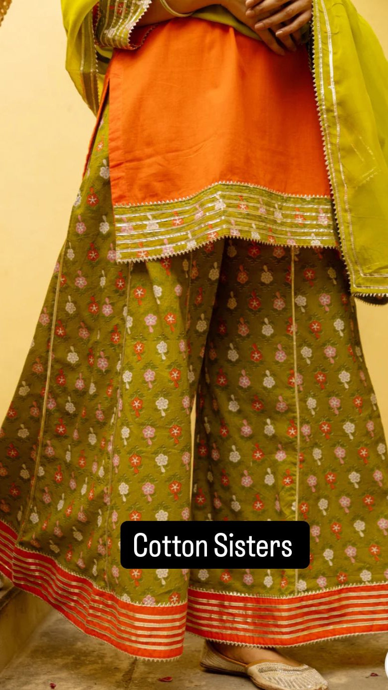 Cotton Orange Gota Buti Print Sharara Set