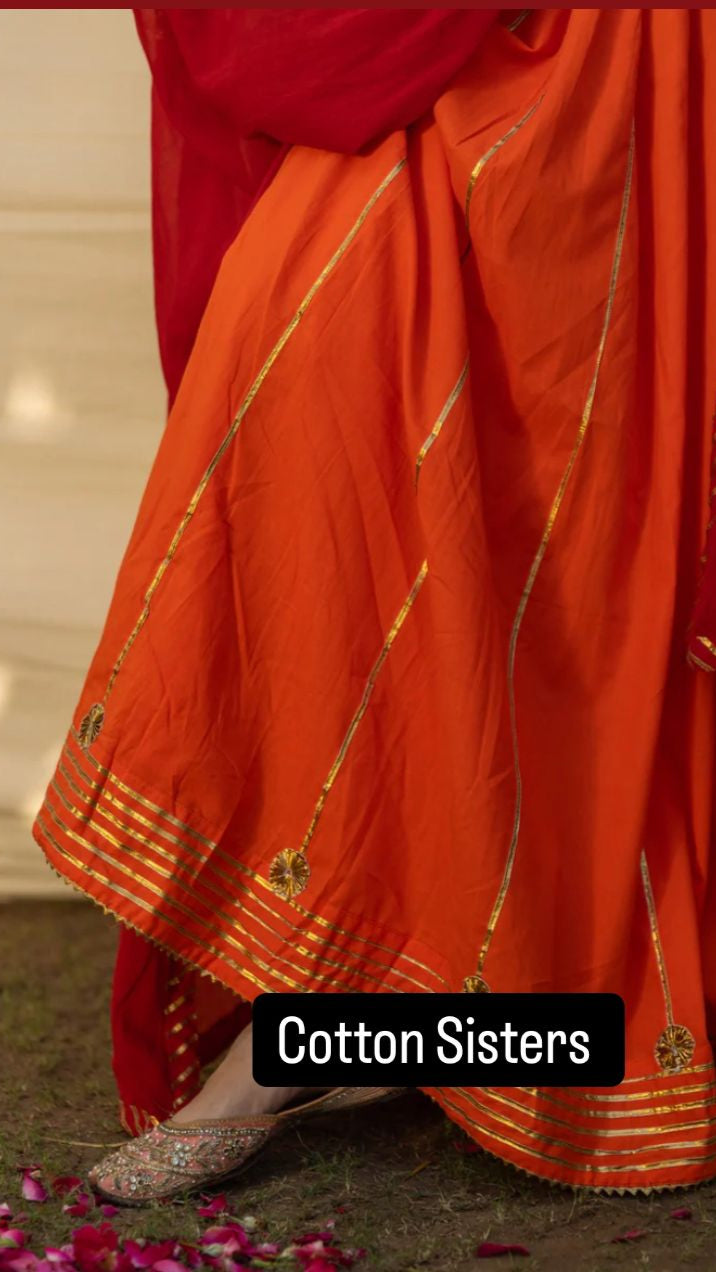 Cotton Orange Plain Kalidar Lehenga Set