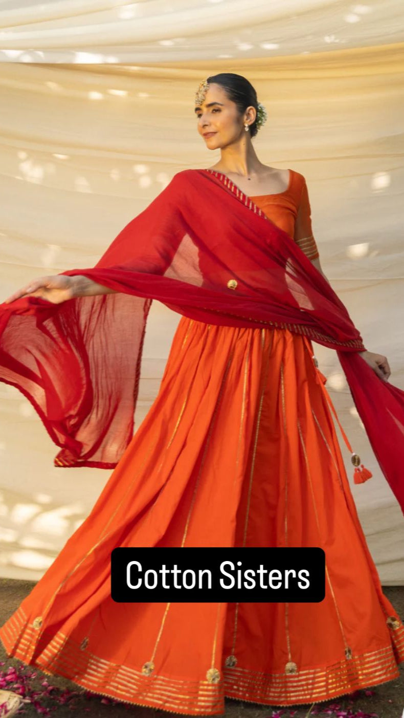 Cotton Orange Plain Kalidar Lehenga Set