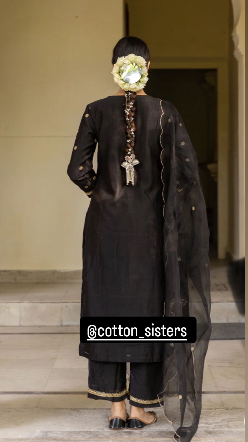 Chanderi Silk Black Hand Embroidery Kurta Set