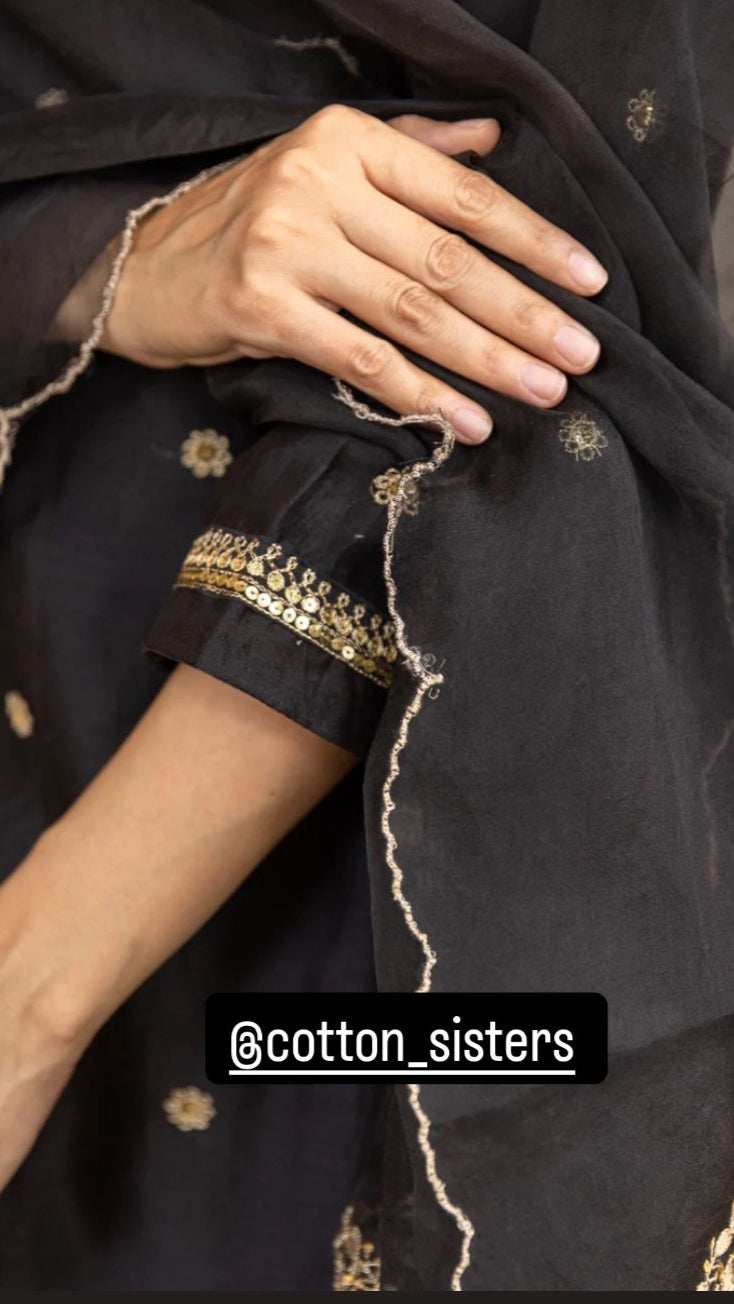 Chanderi Silk Black Hand Embroidery Kurta Set