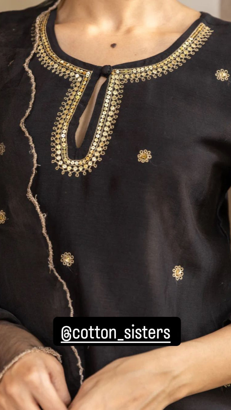 Chanderi Silk Black Hand Embroidery Kurta Set