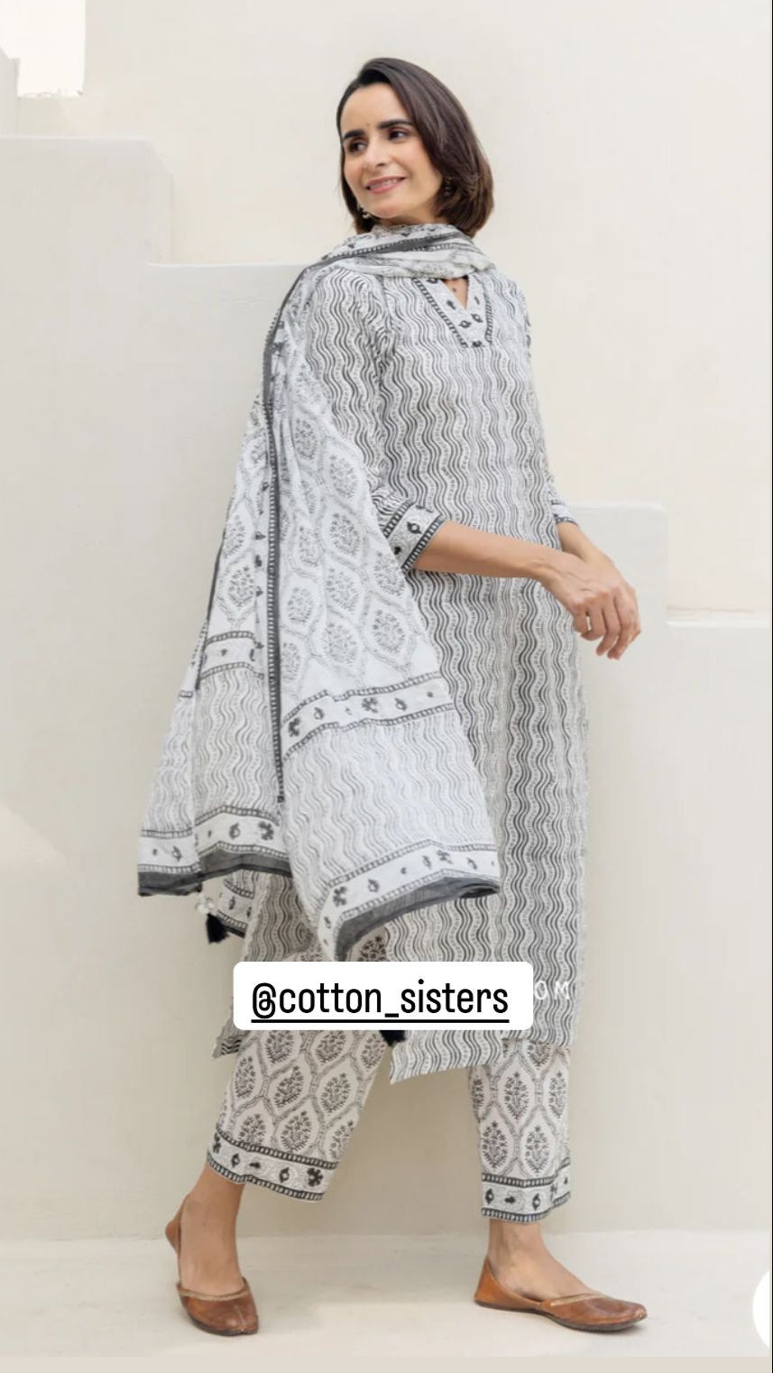 Cotton White/ Grey Block Print Suit